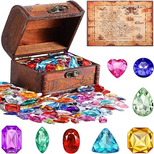 Civaner 101 Pieces Pirate Wooden Treasure Chest Toy Box Antique Color with 100 Pieces Gems for Party Favors Props Decoration Kids Storage Treasure Chest Cosplay Party