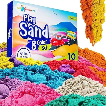 Little Chubby One 8 Color Kids Play Sand Set - 5 lbs of Sand - Toy Magic Sand Set - 10 Molds and Tray for Girls and Boys - Ideas for Children