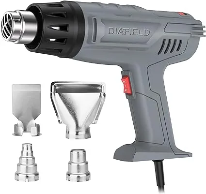 DIAFIELD 1850W Heat Gun 10 Variable Temperature Settings 112℉~1202℉（44℃- 650℃), Fast Heat Hot Air Gun, Durable & Overload Protection, with 4 Nozzels for Shrink Wrap, Vinyl, Crafts, Epoxy Resin(5.9FT)