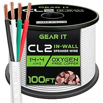 GearIT 14/4 Speaker Wire (250 Feet) 14AWG Gauge - Fire Safety in Wall Rated Audio Speaker Wire Cable / CL2 Rated / 4 Conductors - OFC Oxygen-Free Copper, White 250ft