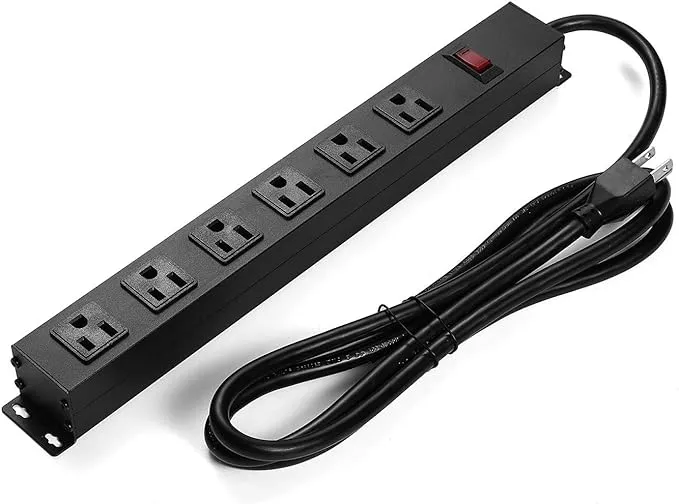 6 Outlets Metal Power Strip, Wall Mount Heavy Duty Power Outlet with Switch, Aluminum Alloy House, 14AWG Power Cord, 15A 125V 1875W, Black (6 FT)