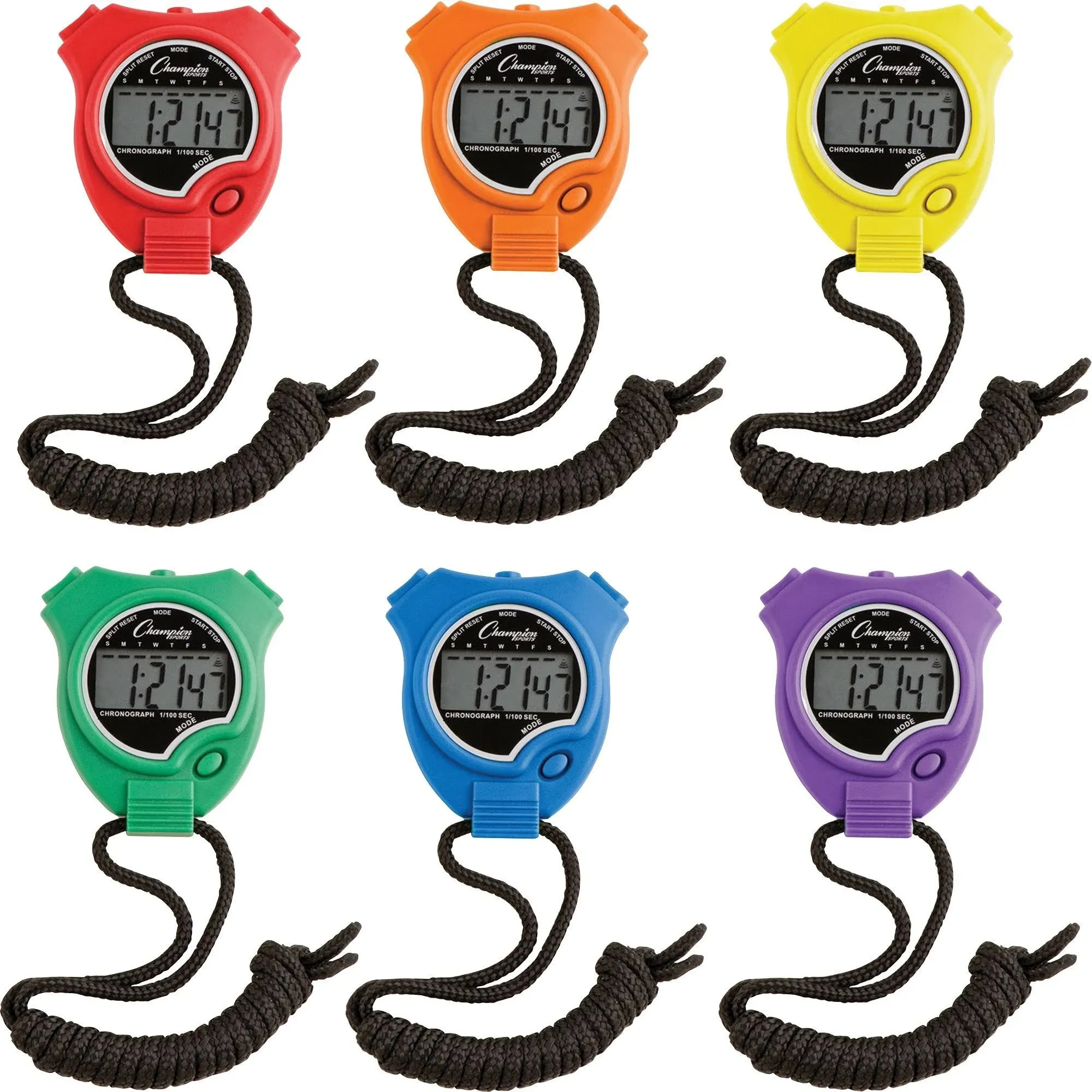 Champion Sports 910SET Water-Resistant Stopwatches, 1/100 Second, Assorted Colors, 6/Set