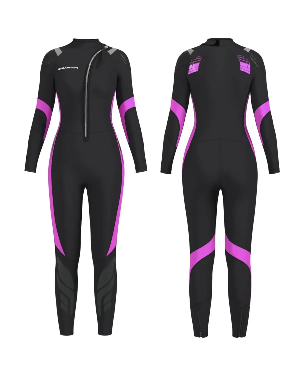 Seaskin Wetsuit Men Women 3mm Neoprene Full Body Diving Suits Front Zip Wetsuit for Scuba Diving Snorkeling Surfing Swimming (Womens Black+Fuchsia, Medium)