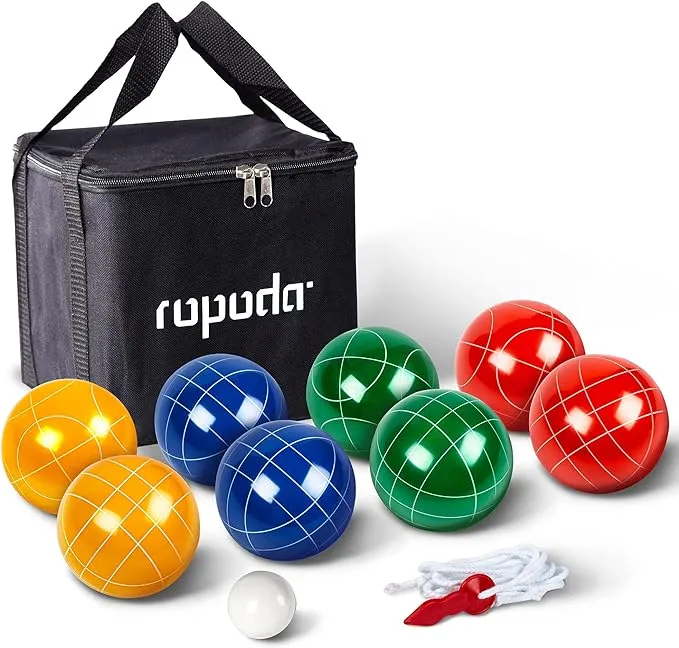 ropoda 90mm Bocce Ball Set with 8 Polyresin Balls, Pallino, Case and Measuring Rope for Backyard/Lawn/Beach/Outdoor, Resin Bocce Ball for Kids Teens Beginners(2 to 8 Players)