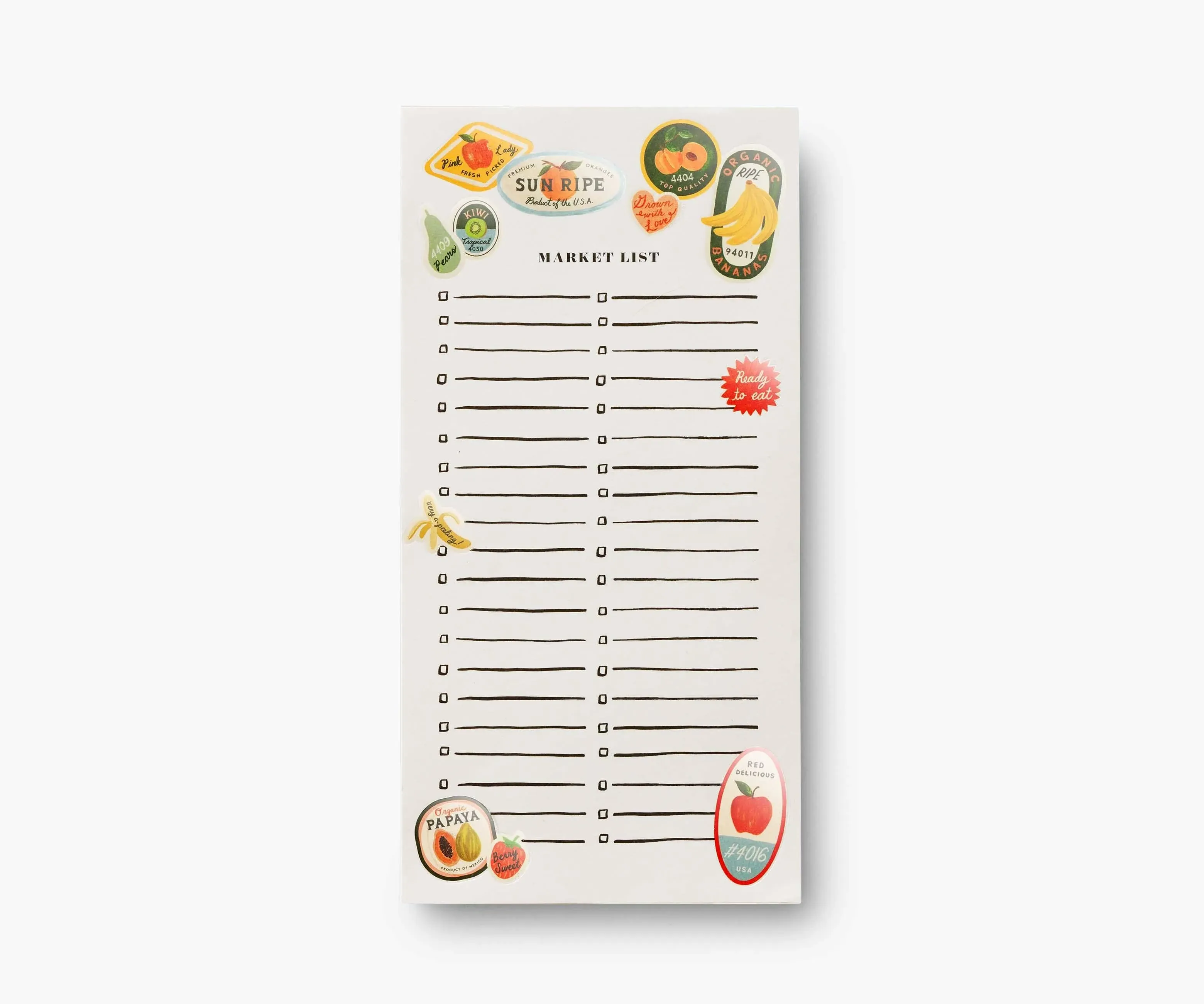 RIFLE PAPER CO. Market Pad | 65 Tear-Off Pages, Features an Attachable Magnet, Warm White Paper Text, Unique Hand-Painted Design (8.5" L x 4.25" W), Fruit Stickers