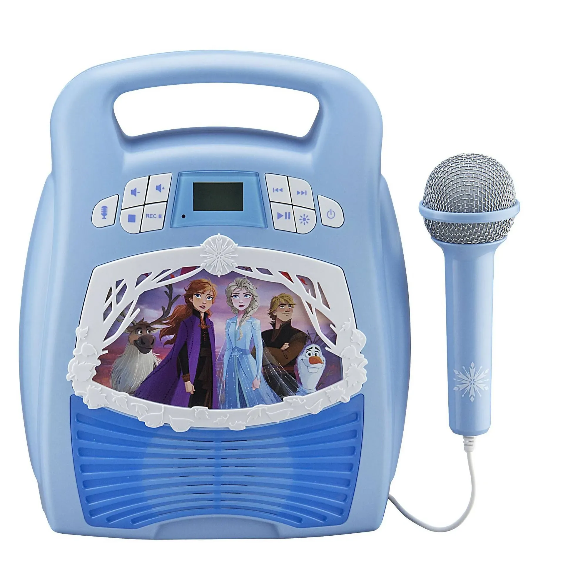 Frozen 2 Bluetooth Portable MP3 Karaoke Machine Player with Light Show Store Hours of Music with Built in Memory Sing Along Using The Real Working Microphone USB Port to Expand Your Content