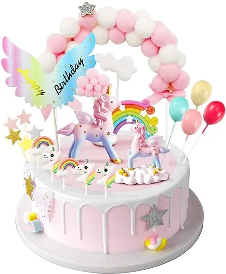 MOVINPE Unicorn Cake Topper, Magic Unicorns Sculpture, Pink Hairball Arch, Rainbow, Wings Birthday Banner, Cloud, Balloon, Stars, Little Unicorn Rainbows, Cake Decoration For Girl Kid Women Party