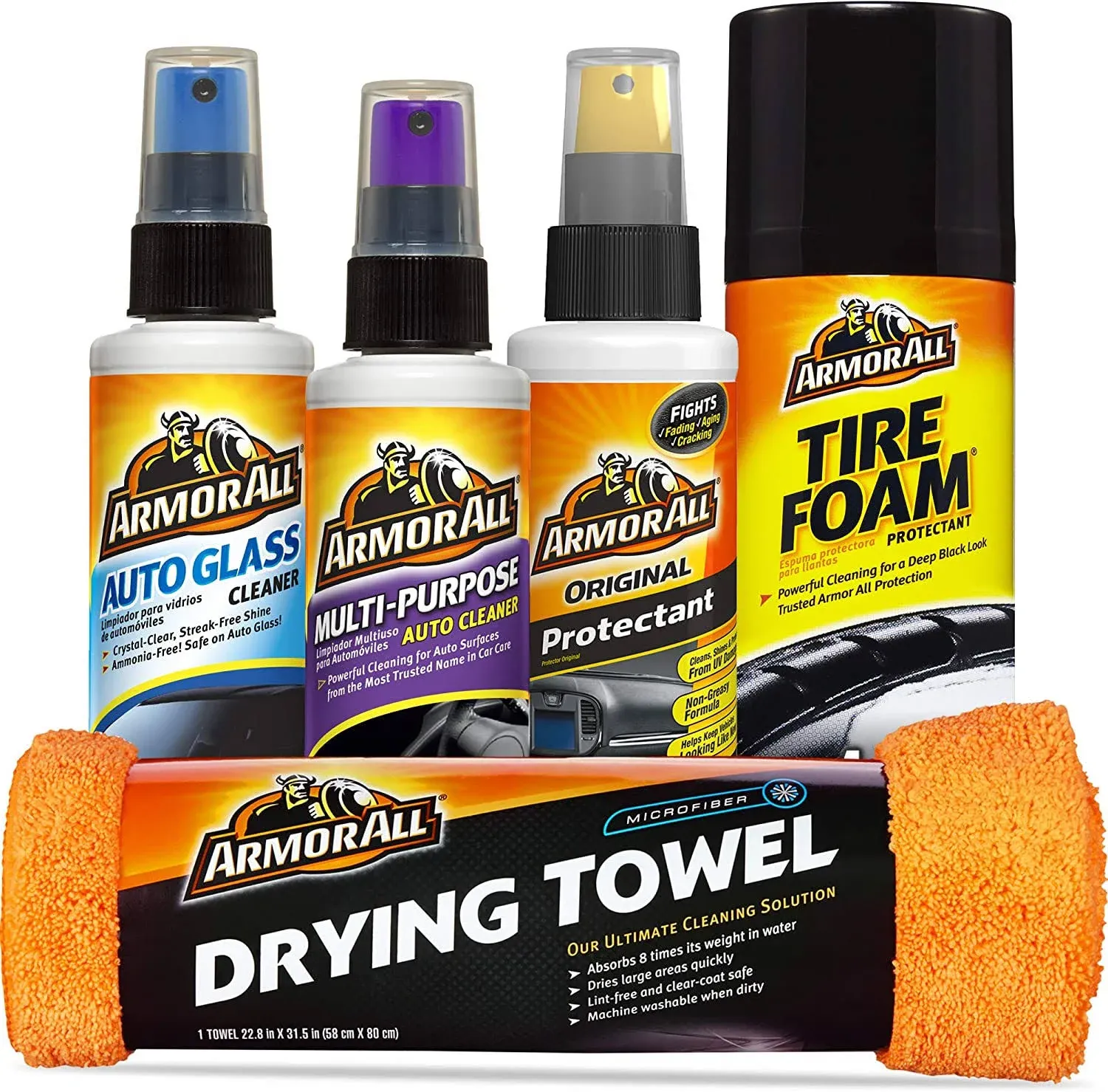 Armor All Car Wash and Car Interior Cleaner Kit, Includes Towel, Tire Foam, Glass Spray, Protectant Spray and Cleaning Spray, Multicolor, 5 Count (Pack of 1)