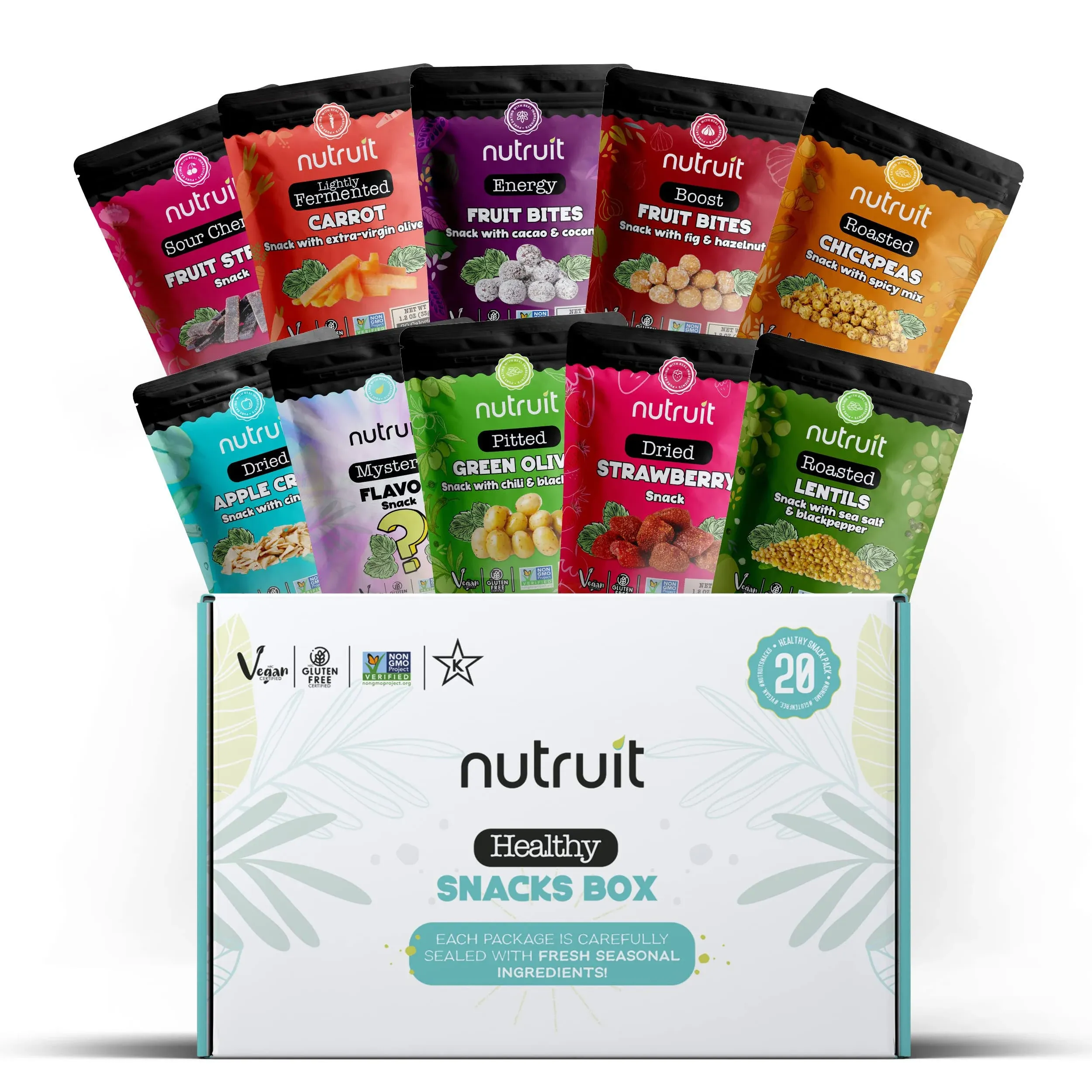 Nutruit Gourmet Healthy Snacks - 20 Pack MINI Variety Box - Vegan, Gluten Free, Non-GMO Bulk Snacks with No Added Sugar - Kosher, High Protein, High Fiber, Plant-Based Healthy Snack - 1.2oz Packs