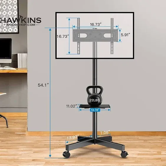 PERLESMITH Mobile TV Stand for 23-60 Inch LCD LED Flat/Curved Panel Screen TVs, Tilt TV Cart Holds up to 88Lbs Portable TV Stand with Laptop Shelf Rolling Floor TV Stand Max VESA 400x400mm (PSTVMC06)