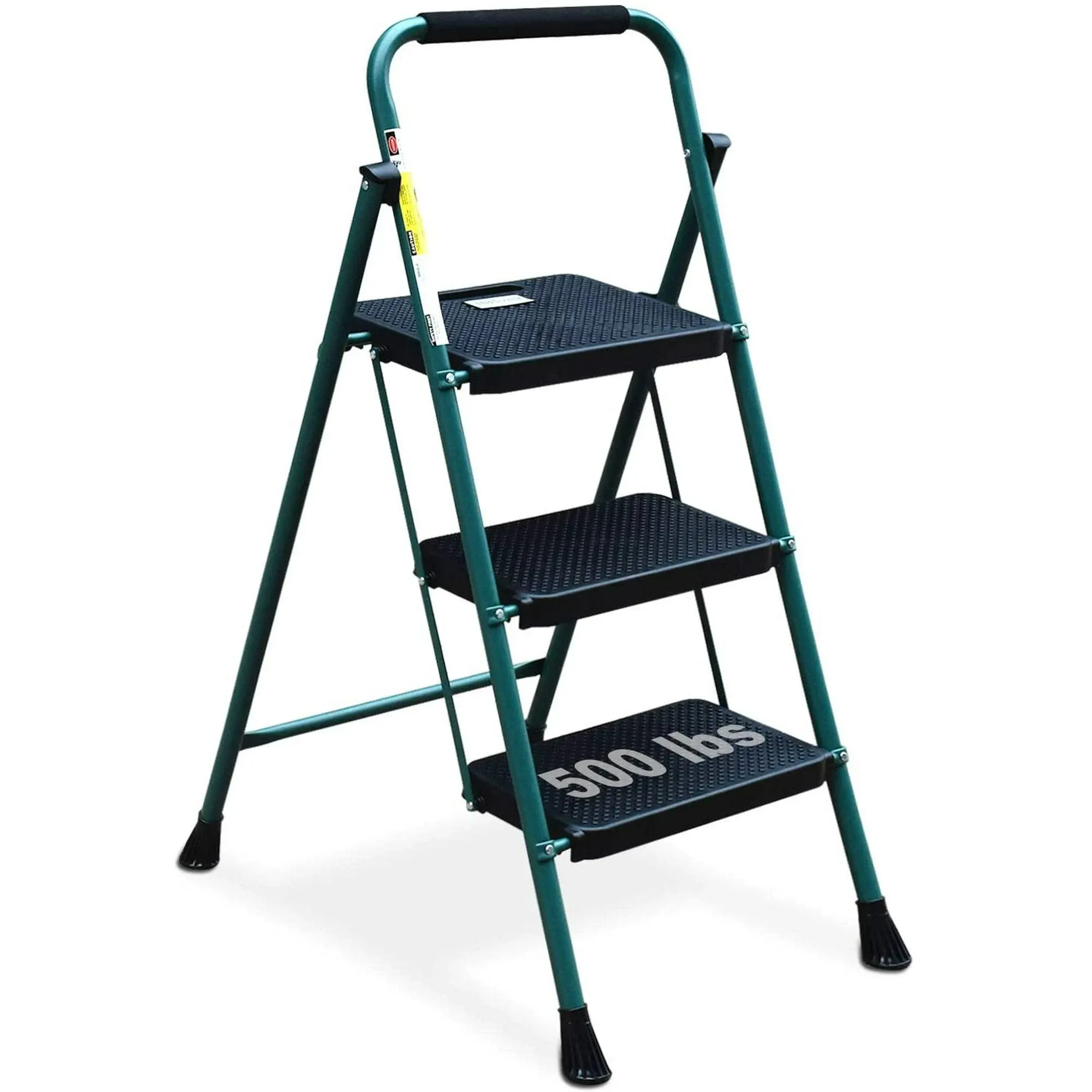 HBTower Folding 3 Step Ladder with Unique Snap-Lock Design, 500 lb. Capacity Sturdy Steel Ladder, Lightweight, Portable Step Stool with Handle, White