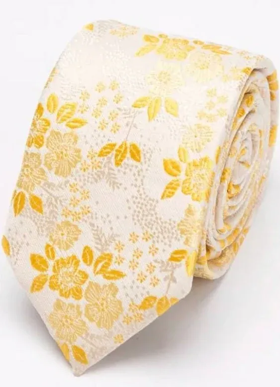 BELLUNO Cotton Floral Tie for Men, Skinny Flower Necktie for Beige Daisy