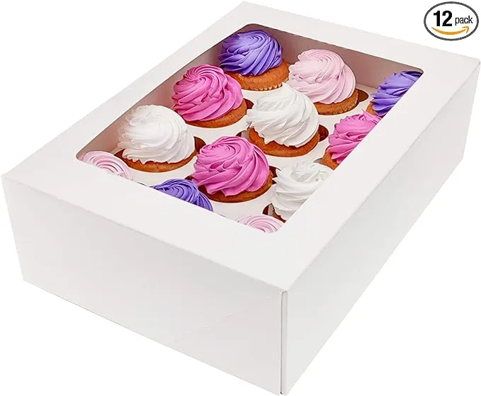 BAKELUV White 12 Cupcake Boxes, Cupcake Containers | 13x9.5x4, 12 Pack | 12 Cupcake Box Bulk, Cupcake Boxes 12 Count Carrier, Option to 14x10x4 Bakery Boxes with Window, ¼ Sheet Cake Box 13x9 Inches