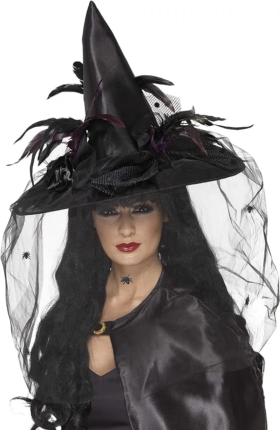 Black Feathers &amp; Netted Spider Veil Witch Hat