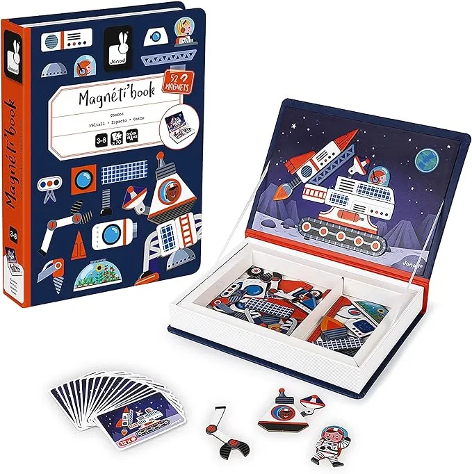 Janod - Magneti'Book Universe - 70 - Part Educational Magnetic Game Teaches Fine Motor Skills and Imagination - Suitable for Ages 3 and Up, J02589, White