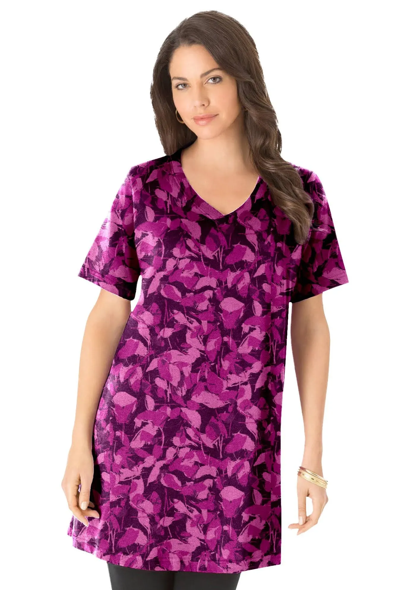 Roaman's Women's Plus Size Short-Sleeve V-Neck Ultimate Tunic, 1x - Berry ...