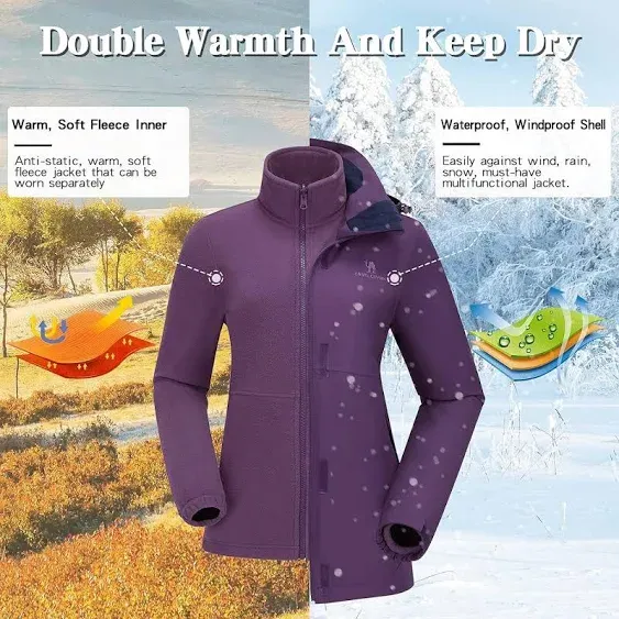 CAMELSPORTS Womens Ski Jackets Waterproof Fleece Snow Coat 3 in 1 Snowboarding J