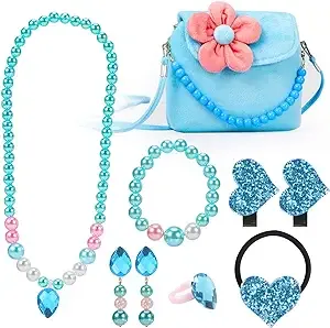 Kids Jewelry Little Girls Plush Handbag Necklace Bracelet Earrings Ring Hair Clips Set, Princess Costume Jewelry Party Favors Gift for Dress up Pretend Play (3-8 Years)