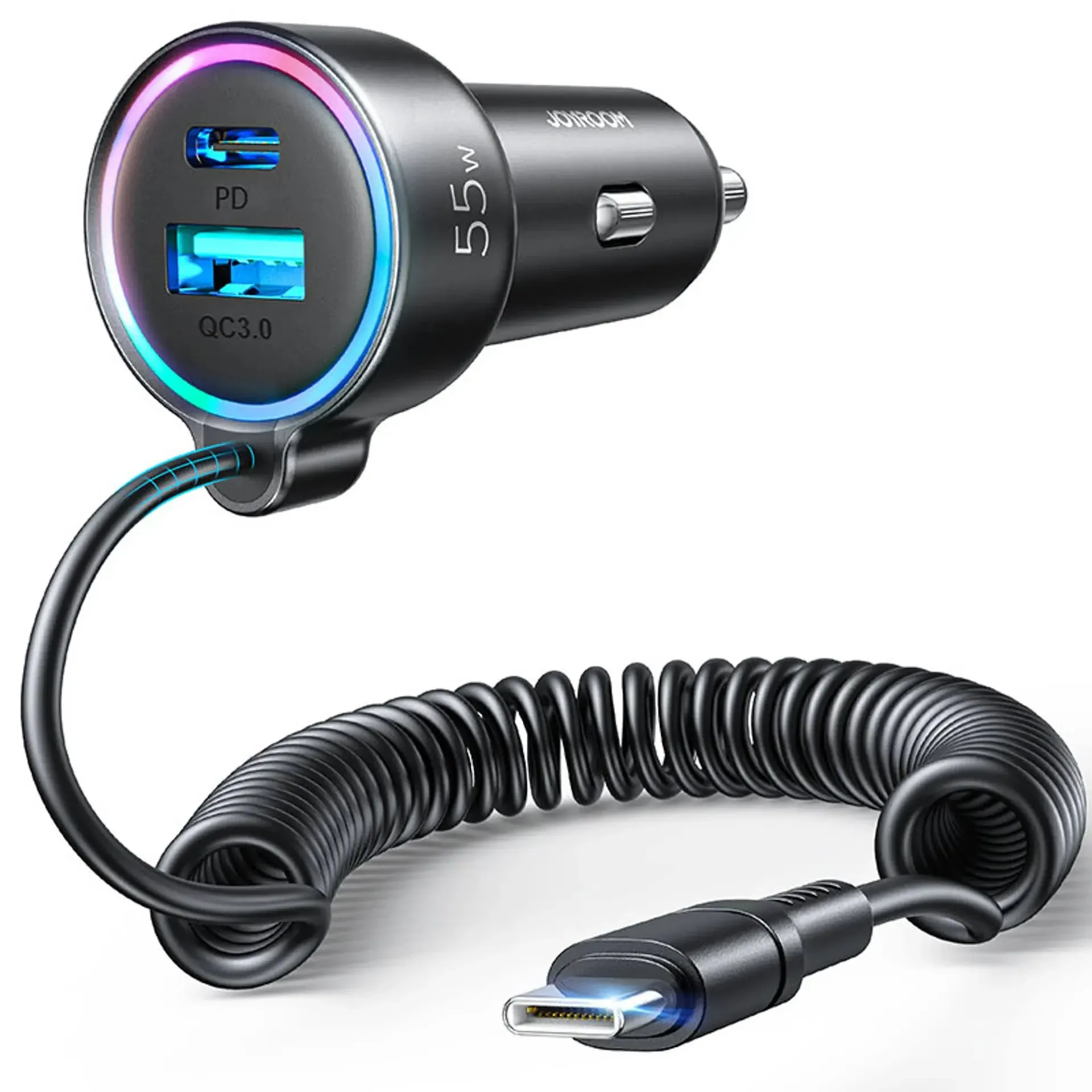 USB C 60W Super Fast Retractable Car Charger PD & QC3.0 with 5 ft 30W Type C Coiled Cable, Cigarette Lighter Phone Charger Adapter for iPhone 15/15 Pro, Samsung S23/S22, Google Pixel/Android, iPad Pro