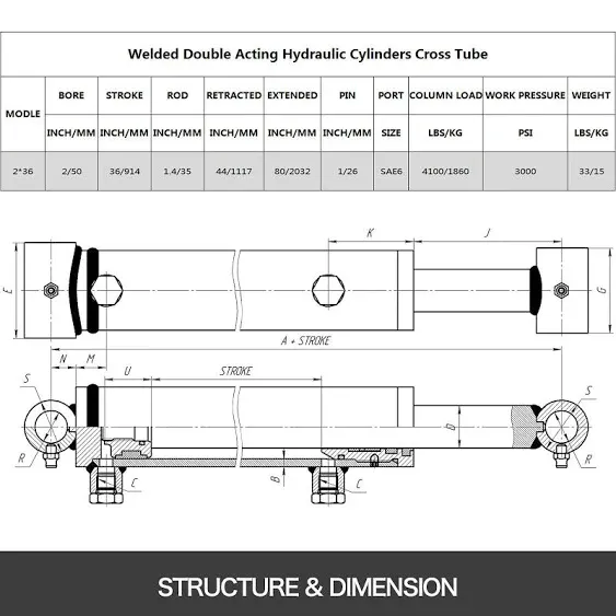 Double Acting Hydraulic Cylinder 2&#034; Bore 36&#034; Stroke Welded Cylinder Tube 2500PSI