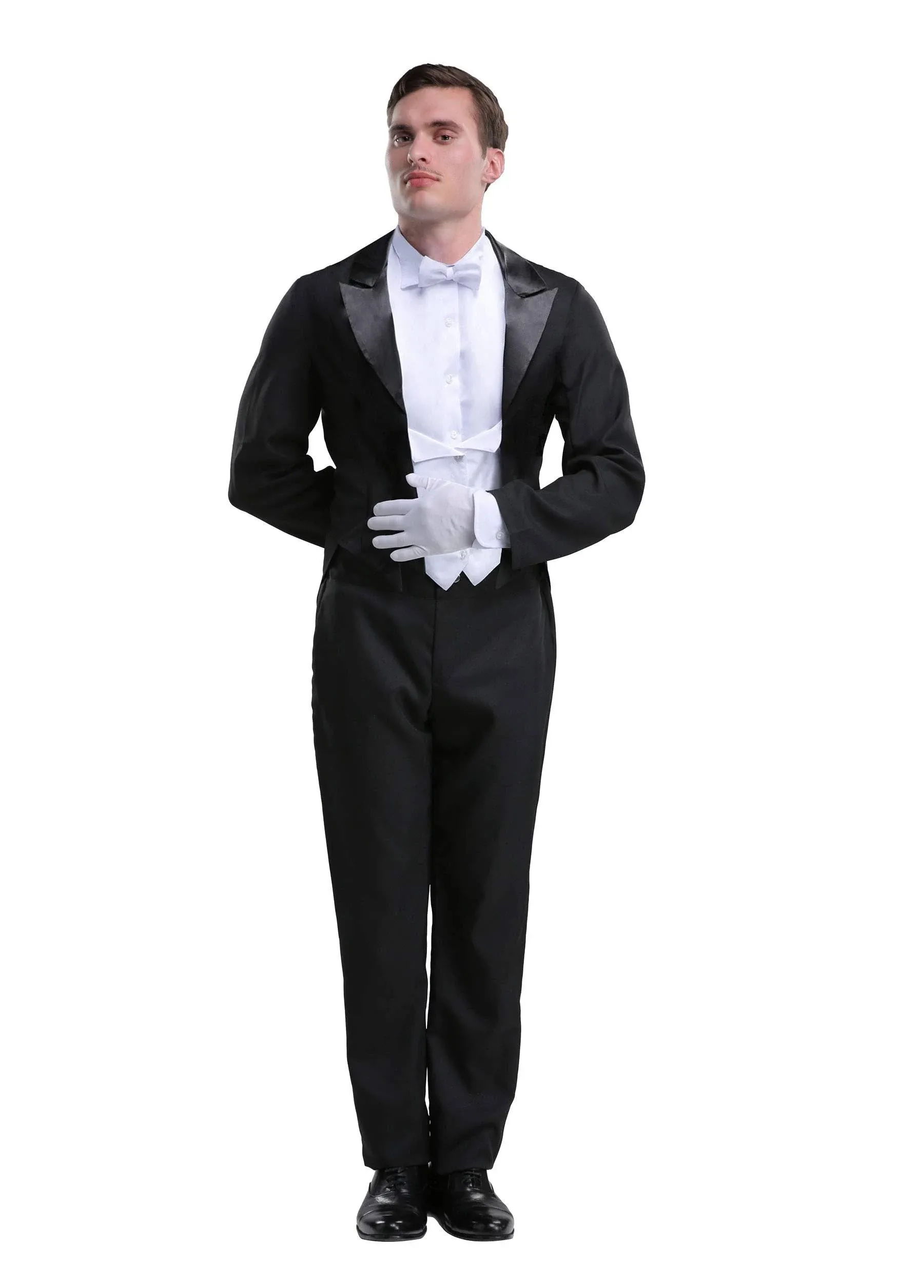 Butler Outfit for Men | Costume Black Tailcoat Jacket with Attached Vest Panels, Shirt Front, Bow Tie and Pants