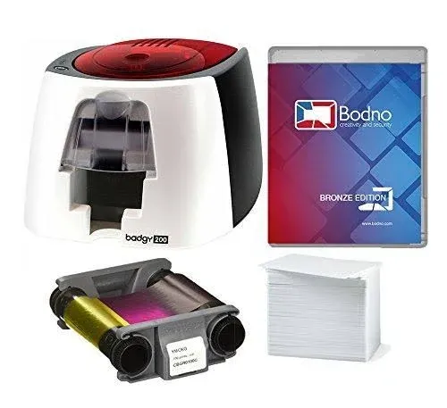 Badgy200 Color Plastic ID Card Printer with Complete Supplies Package with Photo ID Camera & Bodno ID Software - Bronze Edition