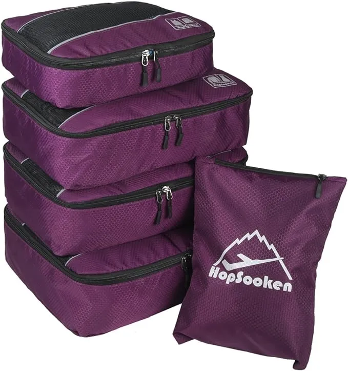 HOPSOOKEN 5pc Packing Cubes Set Large Travel Luggage Organizer 4 Cubes 1 Laundry Pouch Bag