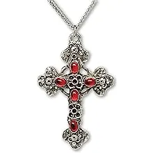 Gothic Filigree Cross Red Stones Medieval Renaissance Pewter Pendant Necklace NK-379R