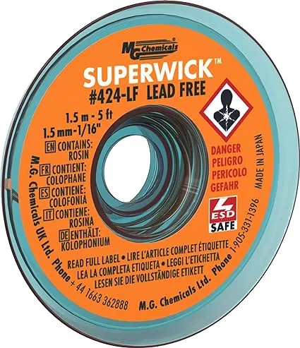 MG Chemicals - 424-LF Desoldering Braid #2 Fine Braid Super Wick for Lead Free Solder, 0.05" Width x 5' Length