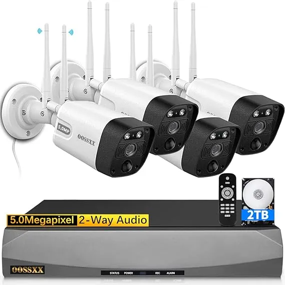 (5.0MP & PIR Detection) 2-Way Audio Dual Antennas Security Wireless Camera System 3K 5.0MP Wireless Surveillance Monitor NVR Kits with 2TB Hard Drive, 4Pcs Outdoor WiFi Security Cameras(5.0MP & PIR Detection) 2-Way Audio Dual Antennas Security Wireless C