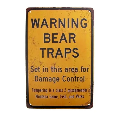 Metal Bear Traps Warning Beware Caution Sign Outdoor Hunting Cabin Door Home Wall Decor