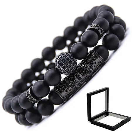 2 PCS 8mm Black Matte Beads Obsibian Black Onyx Stone Bracelets Sets Charm Football Elastic Natural Stone Yoga Bracelet for Women Men Jewelry