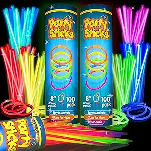 PartySticks Glow Sticks Party Supplies 200pk - 8 Inch Glow in the Dark Light Up Sticks Party Favors, Glow Party Decorations, Neon Party Glow Necklaces and Glow Bracelets with Connectors