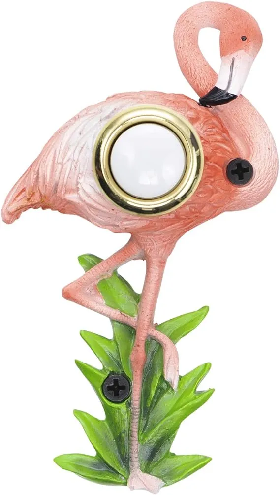 Waterwood Hand Painted Flamingo Doorbell - Wired & Illuminated Push Button Cast in Durable Polyresin