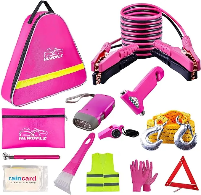 HLWDFLZ Car Roadside Emergency Kit - Pink Roadside Assistance Emergency Kit with Jumper Cables, Reflective Warning Triangle, Deer Whistles, Winter Car