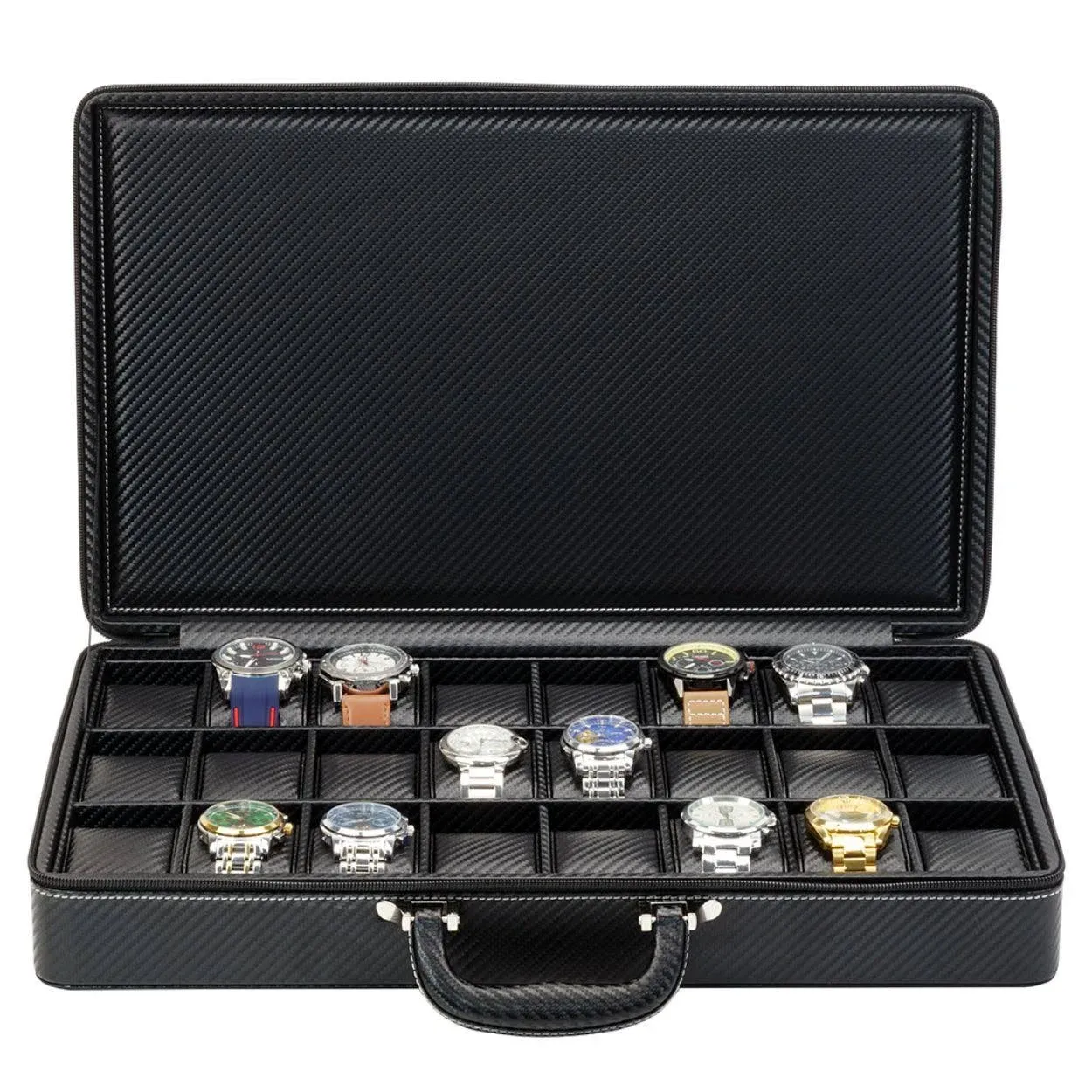 24 Slot Watch Briefcase, Black Carbon Fiber Zippered Travel Storage Case