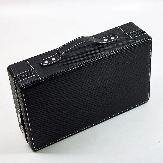 24 Slot Watch Briefcase Black Carbon Fiber Zippered Travel Storage Case