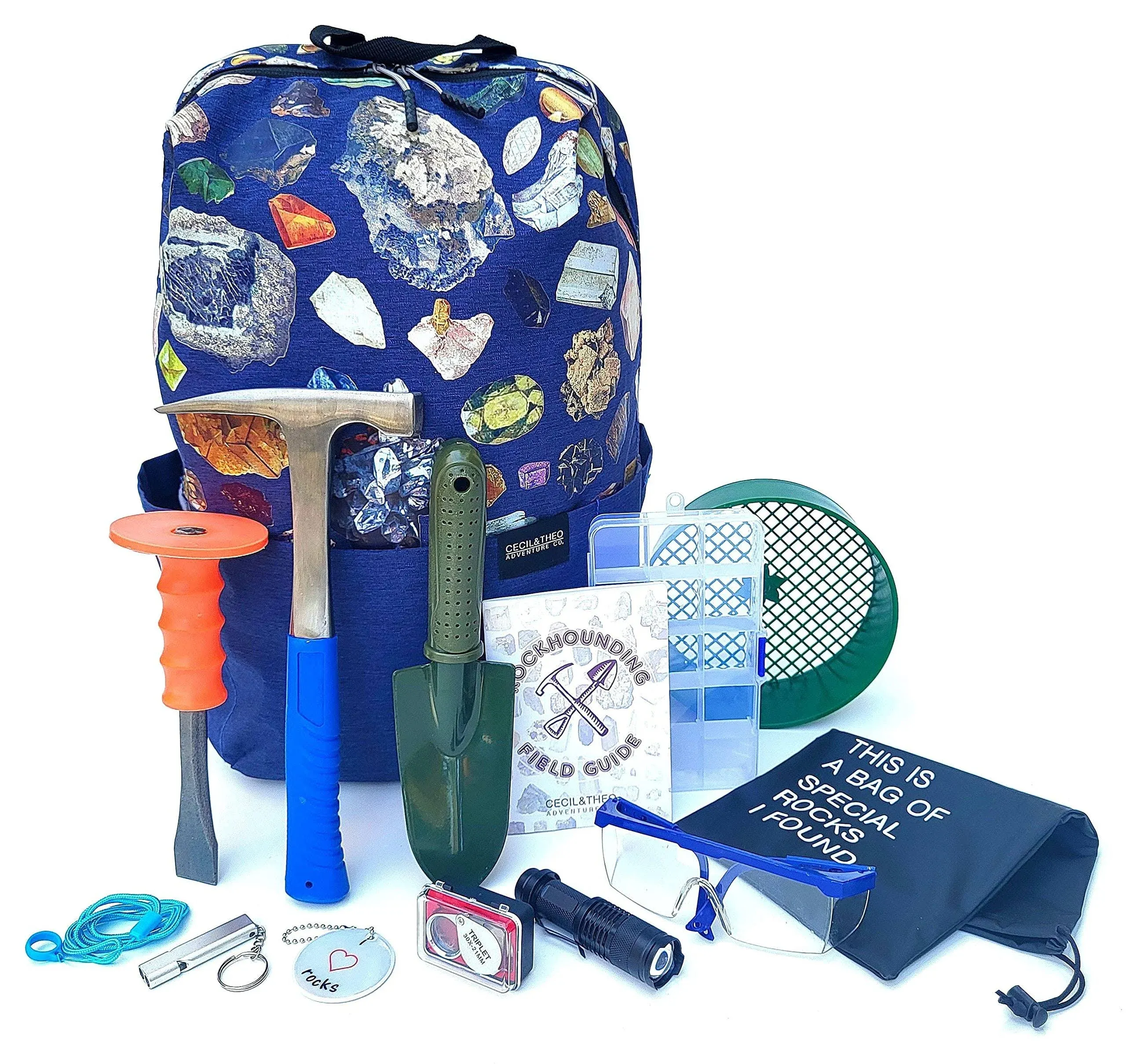 Cecil & Theo Adventure Co. Rockhounding Tool Kit with Rock Pick Hammer - Includes 32 Page Field Guide, Backpack, Chisel & Pick Set - Geology Gifts for Kids & Adults - 5 lbs