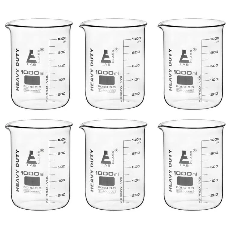 EISCO 6PK Heavy Duty Beaker, 1000ml - 5mm Thick, Uniform Walls - Superior Durability & Chemical Resistance - White Graduations - Borosilicate 3.3 Glass