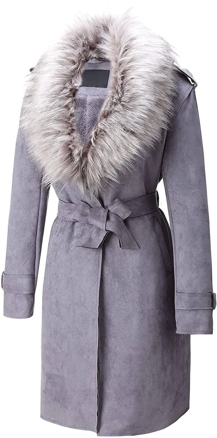 Faux Suede Long Gray Jacket Outwear Trench Coat, Medium / Gray