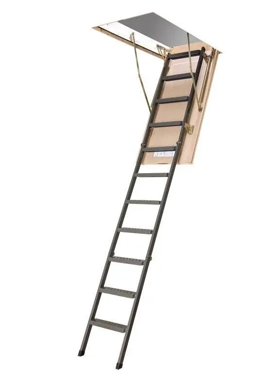 FAKRO LMS- Insulated 7.92-ft to 10.08-ft (Rough Opening: 30-in x 54-in) Folding Steel Attic Ladder with 350-lb Capacity