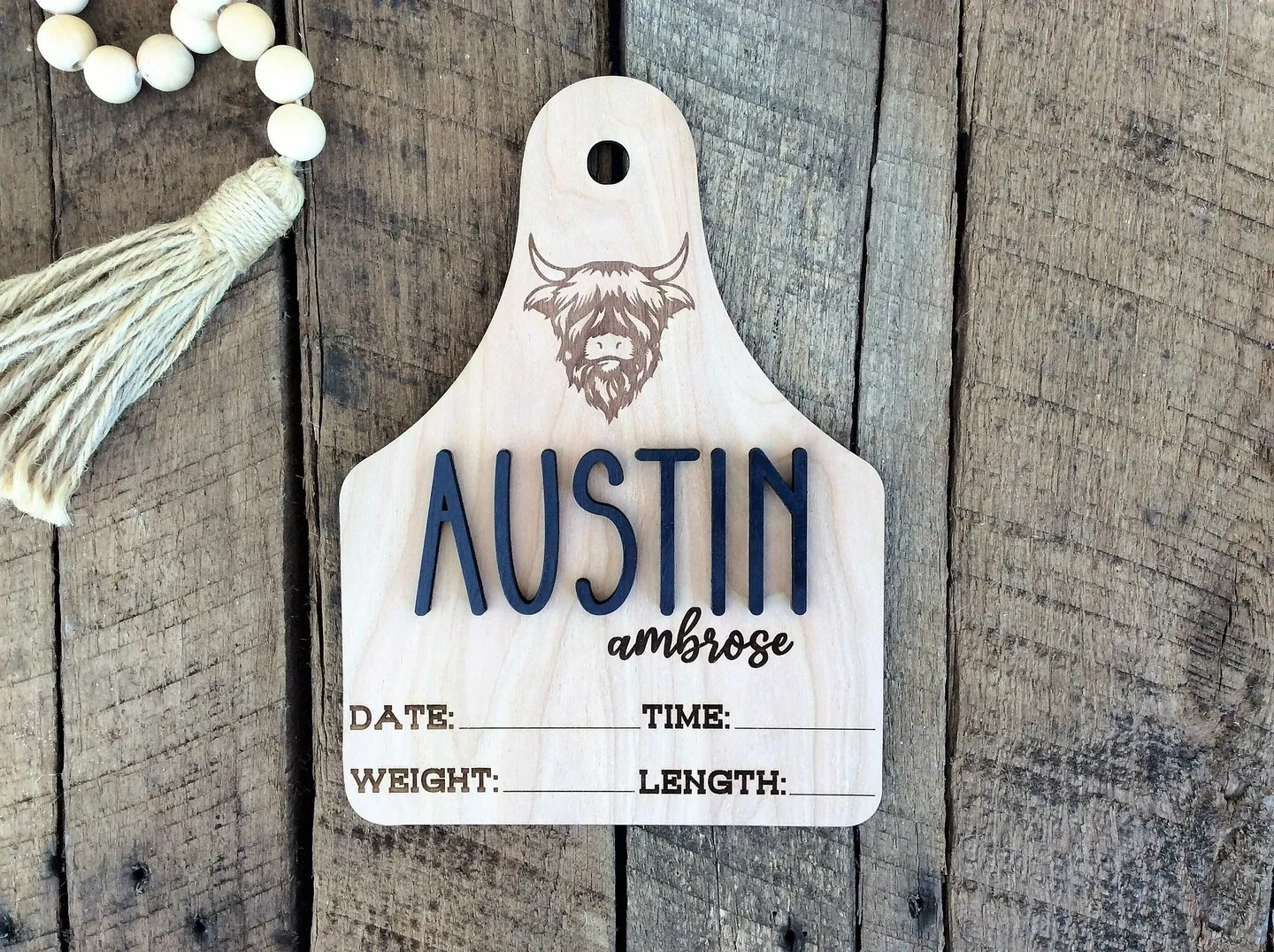 Cow Tag Birth Stats Sign, Personalized Baby Name Announcement, Highland Cow Nursery Decor