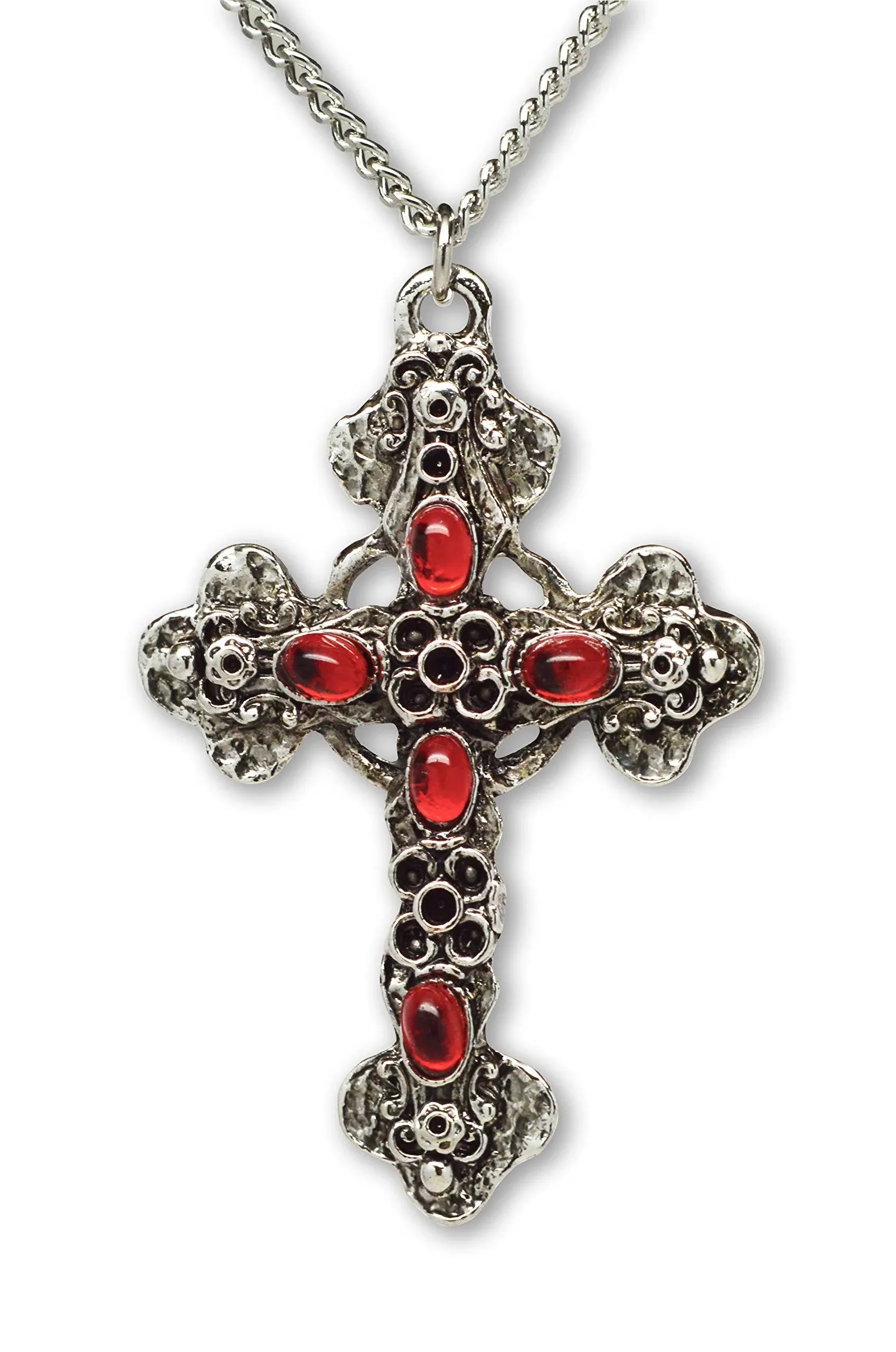 Gothic Filigree Cross Red Stones Medieval Renaissance Pewter Pendant Necklace NK-379R