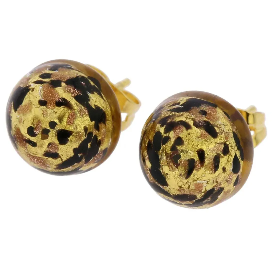 Murano Glass Button Stud Earrings - Black Gold Confetti