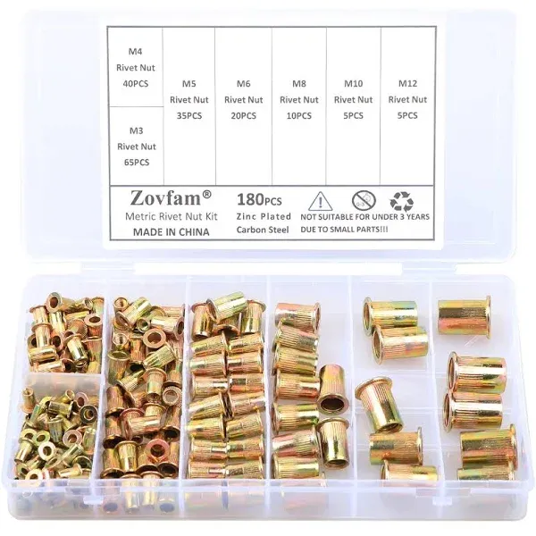 Zovfam Rivet Nut, Metric Rivet Nut Kit M3 M4 M5 M6 M8 M10 M12 Zinc Plated Carbon Steel Flat Head Threaded Insert Nutsert Kit-180Pcs