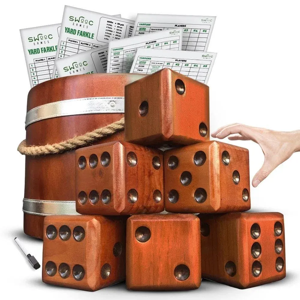 SWOOC Games - Yardzee, Farkle & 20+ Giant Dice Games (All Weather) Yard Dice with Wooden Bucket, 5 Scorecards & Marker - Jumbo Dice Yard Game - Extra Large Yard Games for Adults - Jumbo Lawn Games