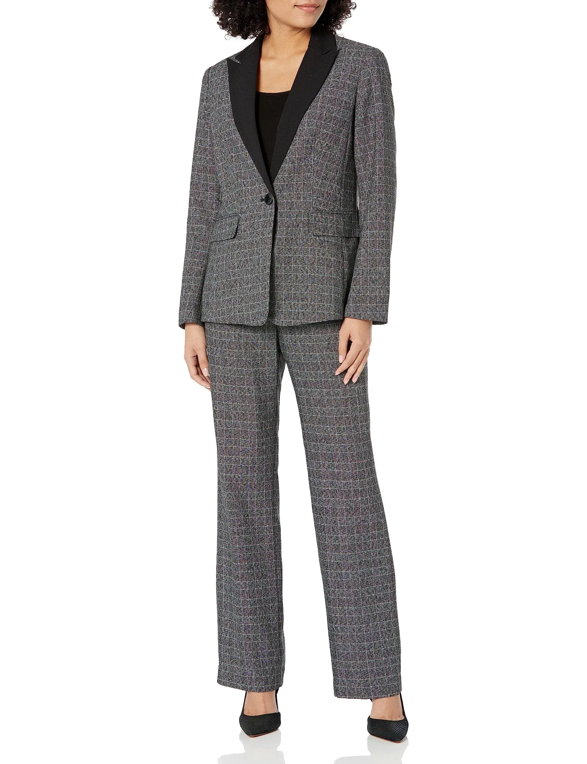 Le Suit Women's Plaid One Button Jacket and Pants Set, Black, 12