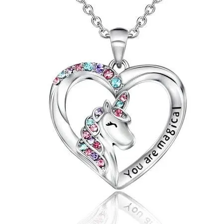 Shonyin Unicorn Necklace for Women Girls CZ Stone Heart Pendant Necklace With You Are Magical Message Christmas Birthday Party Jewelry Gift for Daughter Granddaughter Niece