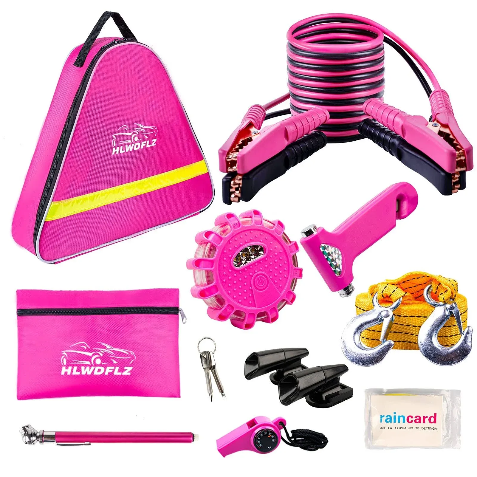 Car Emergency Kit, Pink Roadside Assistance Kit with Jumper Cable, Tow Rope, ...