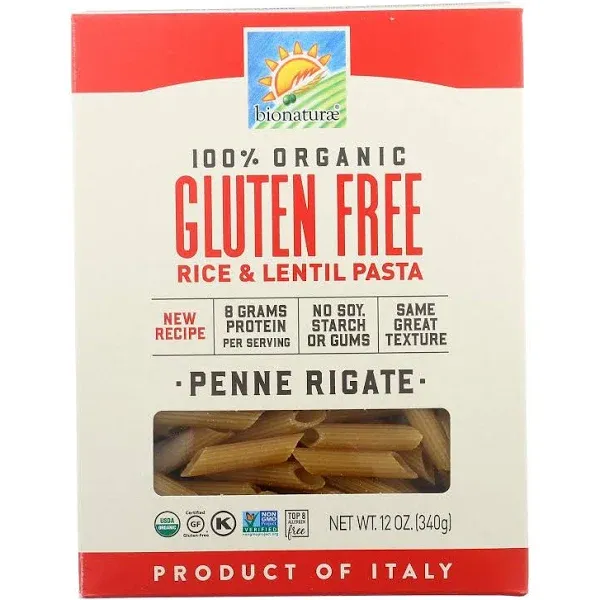 Bionaturae Penne Rigate Pasta Noodles - Gluten Free Pasta Organic, Rice & Lentil Pasta, Kosher Certified, High Protein, Non-GMO, USDA Certified,